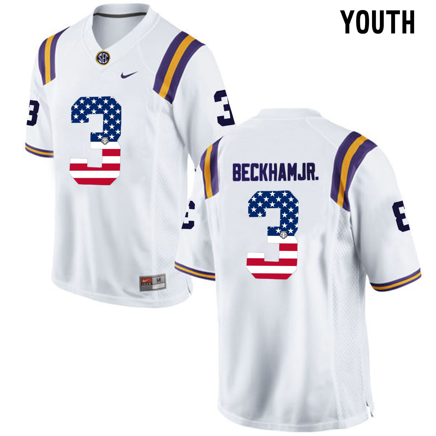 US Flag Fashion  Youth LSU Tigers Odell Beckham Jr. #3 College Football Limited Jersey  White->->Youth Jersey